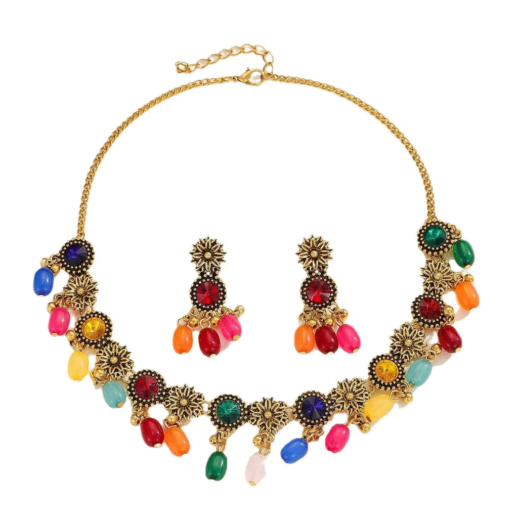 Bohemian jewellery set with ancient gold zinc alloy O-ring chain necklace and matching round earrings