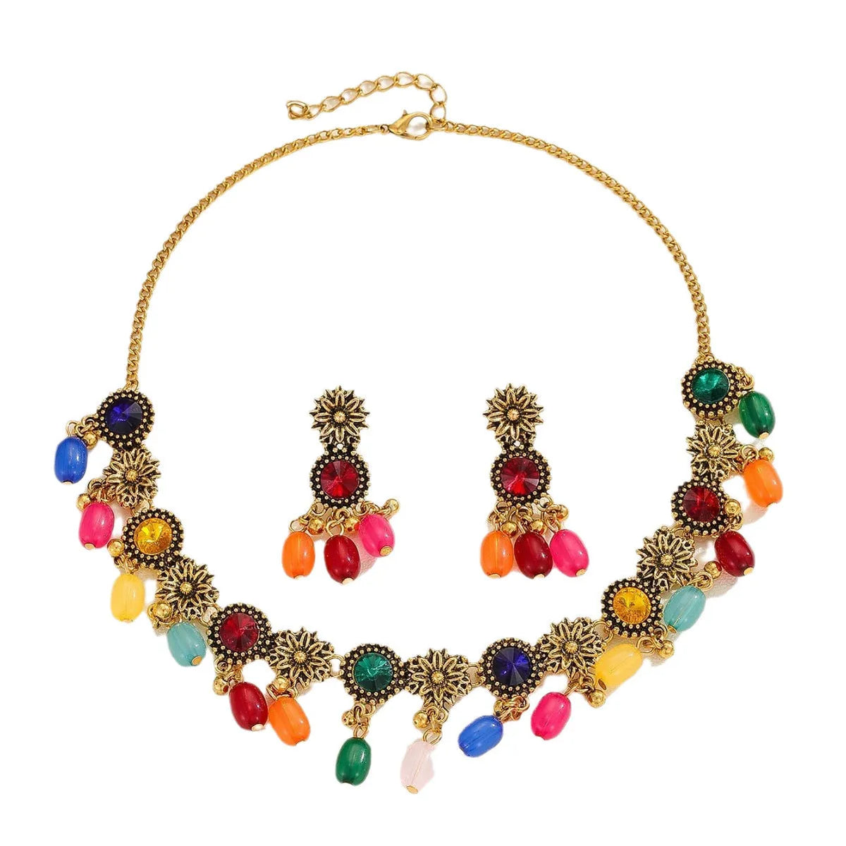 Bohemian jewellery set with ancient gold zinc alloy O-ring chain necklace and matching round earrings