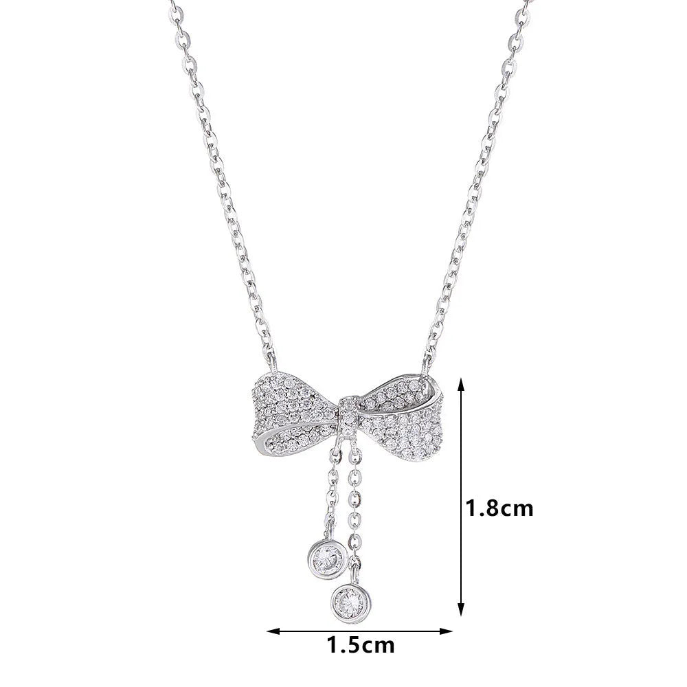 S925 sterling silver bow pendant necklace on O-ring chain, silver electroplated finish