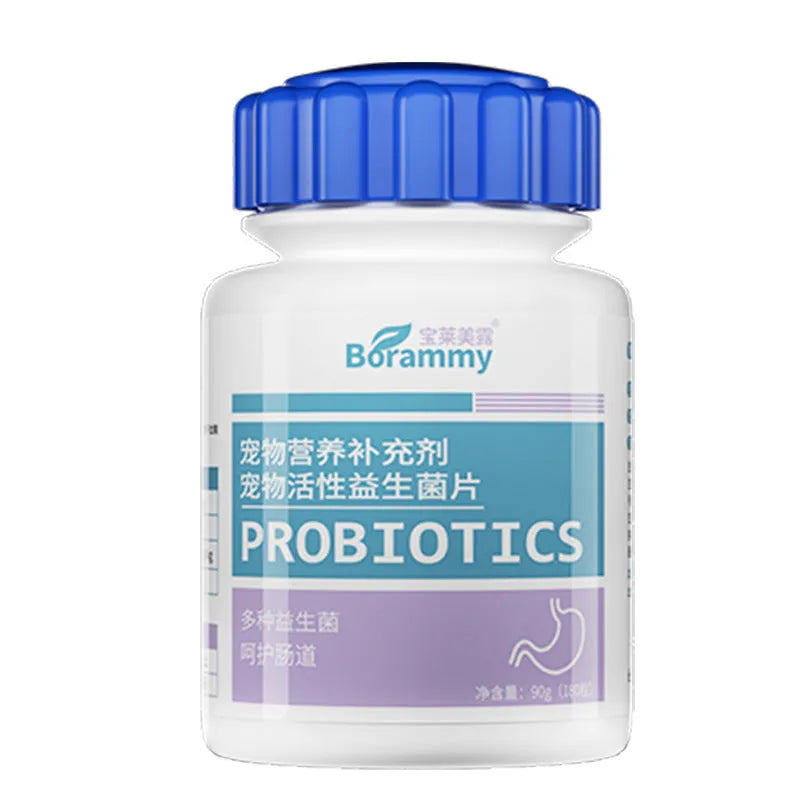 Bottle of 180 Active Probiotic Tablets for pet dogs and cats, poultry flavour.