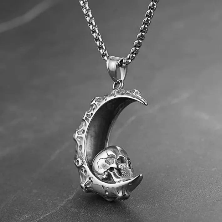 Skull men's stainless steel necklace with silver electroplated alloy pendant in six design variations