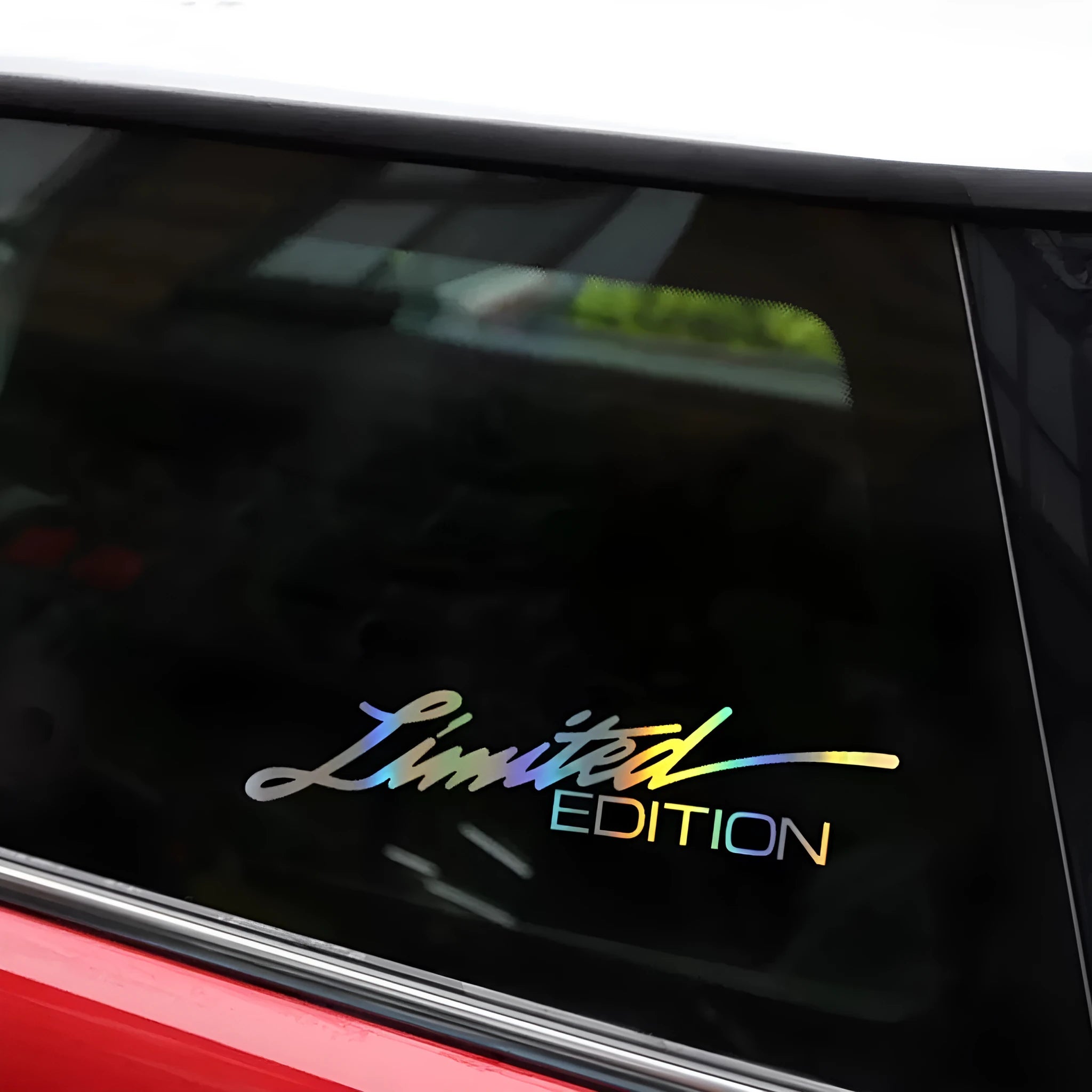 Black laser reflective car sticker with text on PET material measuring 12 cm wide