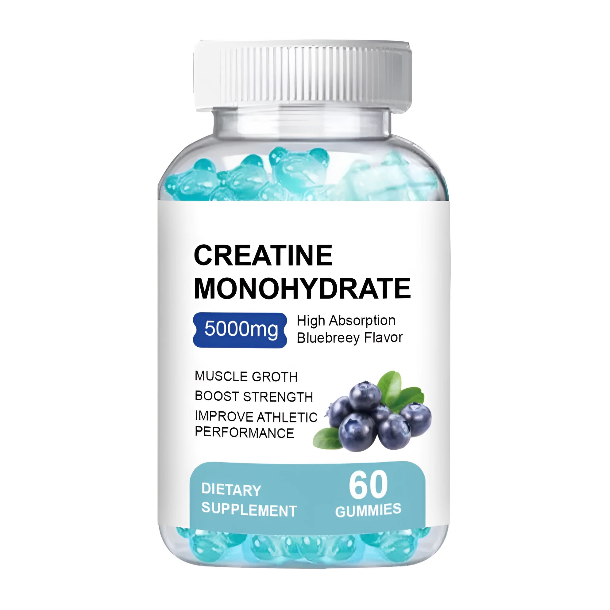 Container of 60 chewable creatine monohydrate gummies, a dietary supplement for fitness.