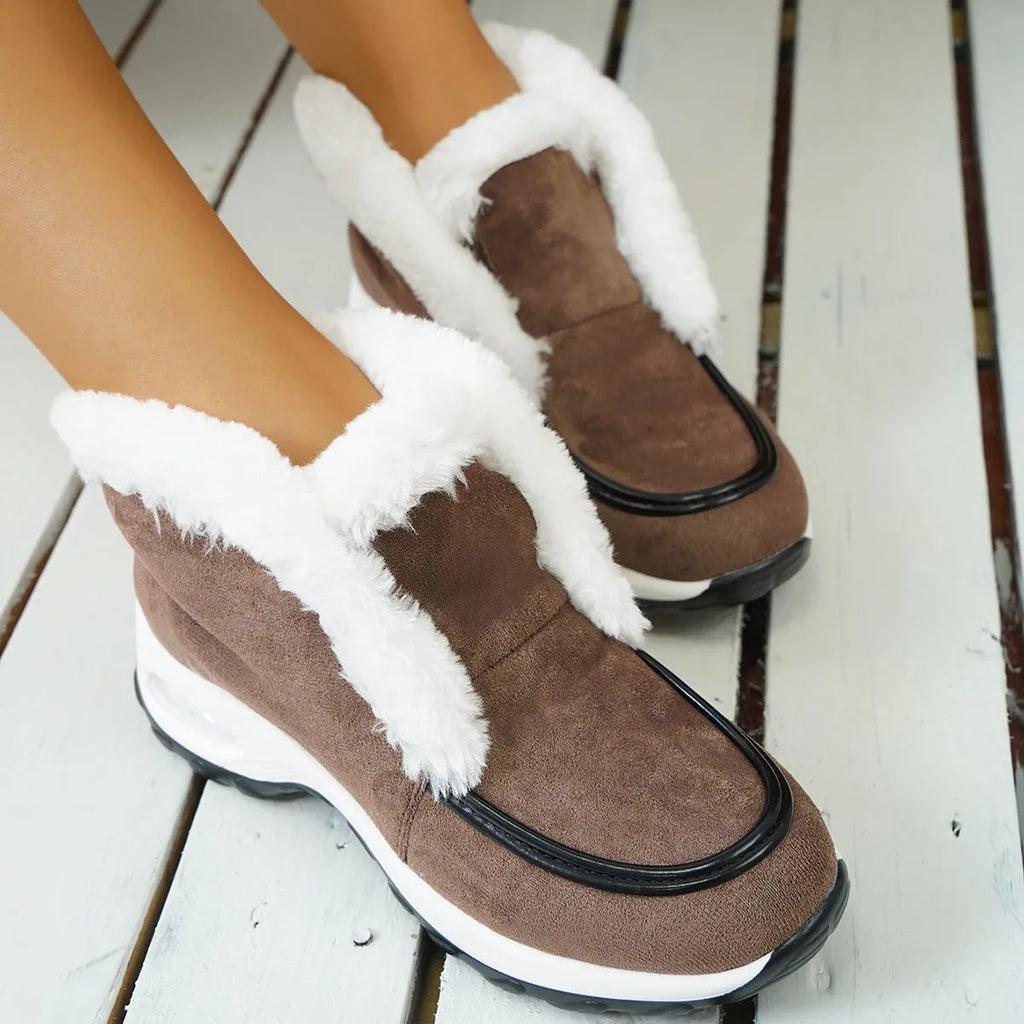 Women's winter snow boots with cotton upper, air-cushion rubber sole, and round toe in leopard print