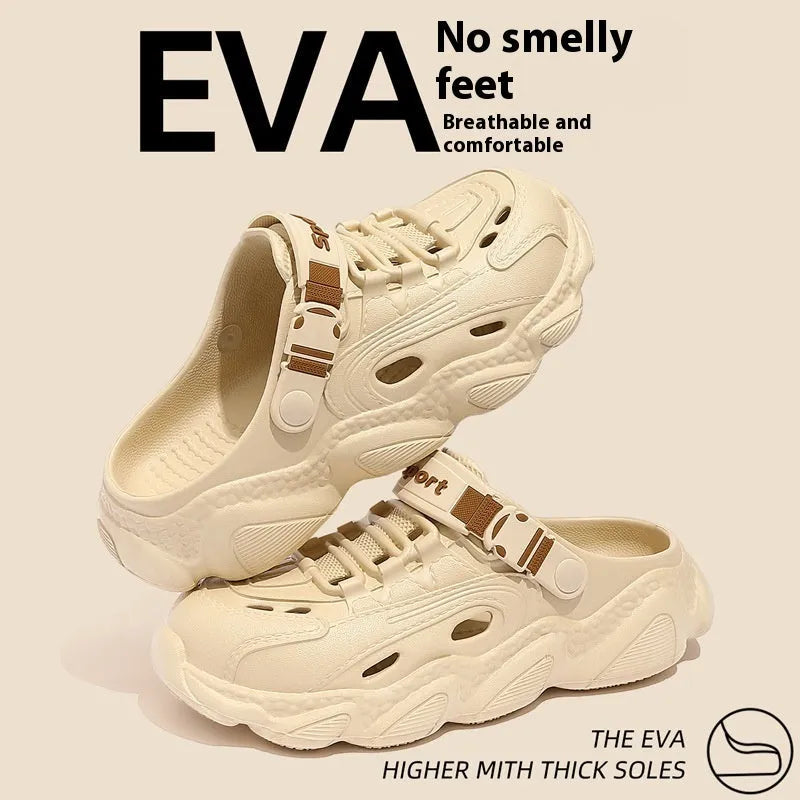 Men's khaki outdoor summer slippers showing hollow out breathable design with EVA sole