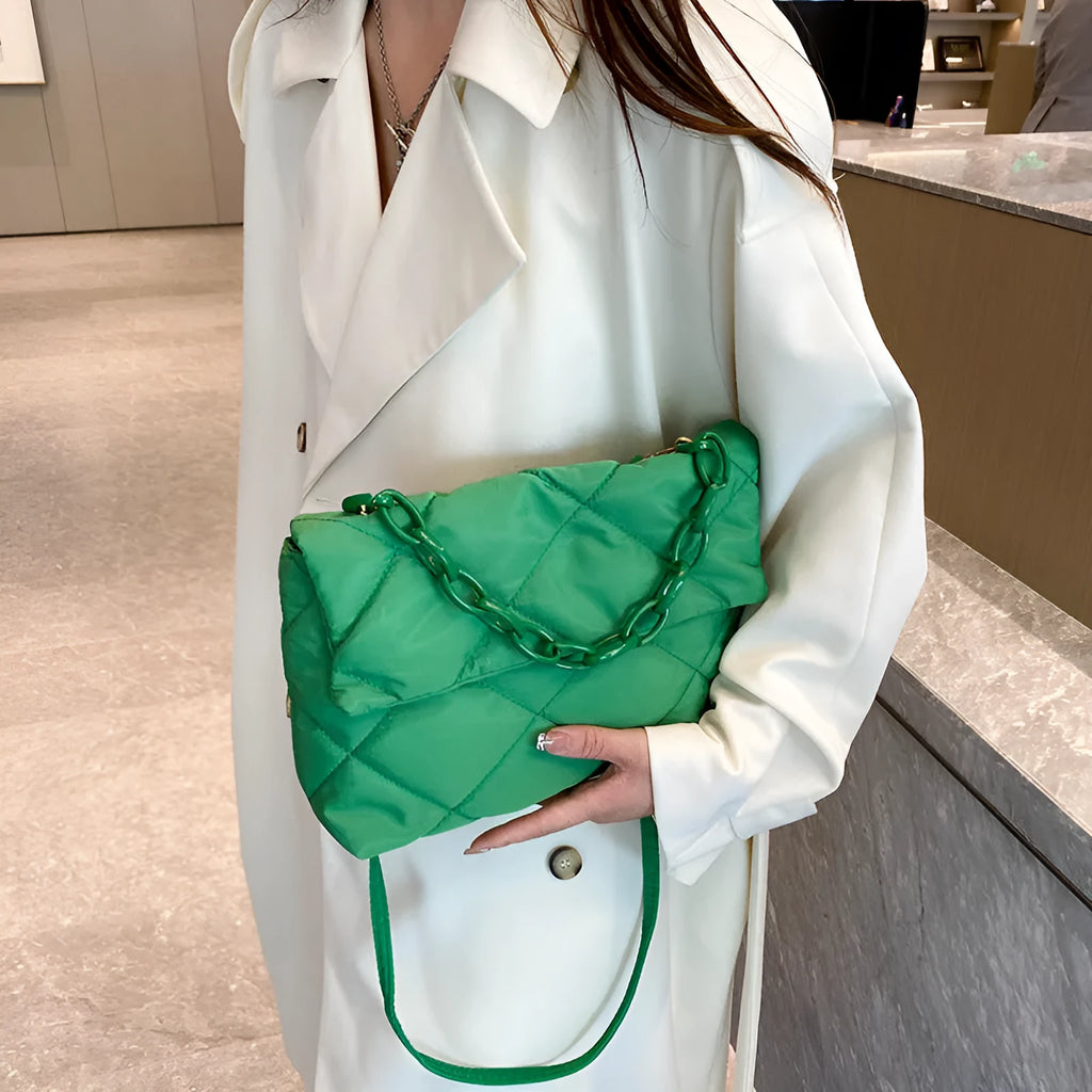 Nylon diagonal cross texture diamond grid handbag in solid colour with chain detail, available in black, green, rose red, and white, 29x19x7 cm