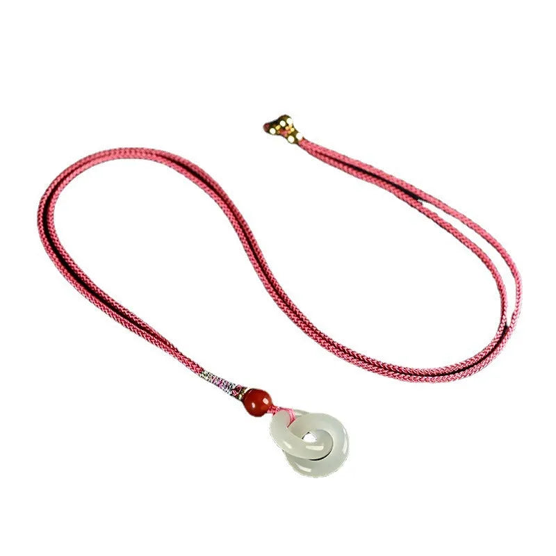 Hand-woven natural Hetian jade peace buckle necklace in 12mm or 15mm, light or dark colour