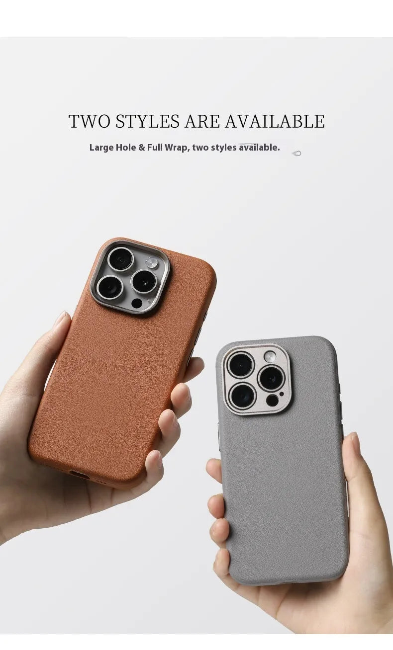 Genuine leather MagSafe magnetic iPhone case with alloy metal lens surround in black colour