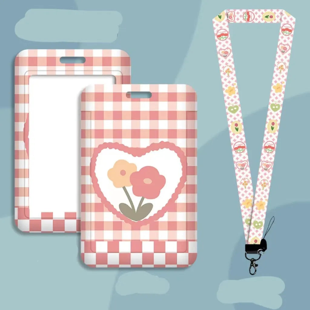 Student ID card holder set with plastic sleeve on a cartoon bear rose keychain lanyard