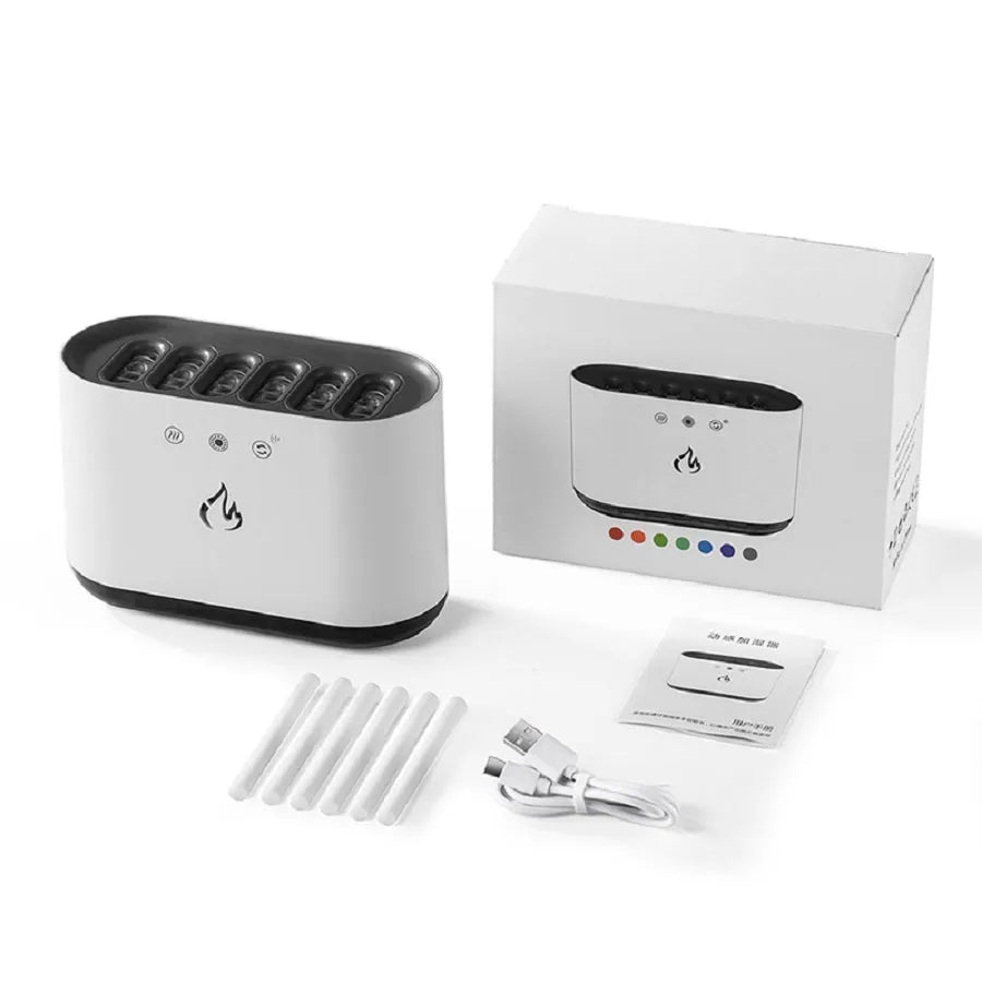 White large-capacity humidifier with colourful LED atmosphere lamp and aromatherapy diffuser on a table.