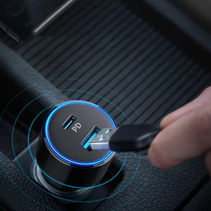 High-power fast charging car charger with dual USB ports, 63x35x35mm size, for 12-24V vehicles