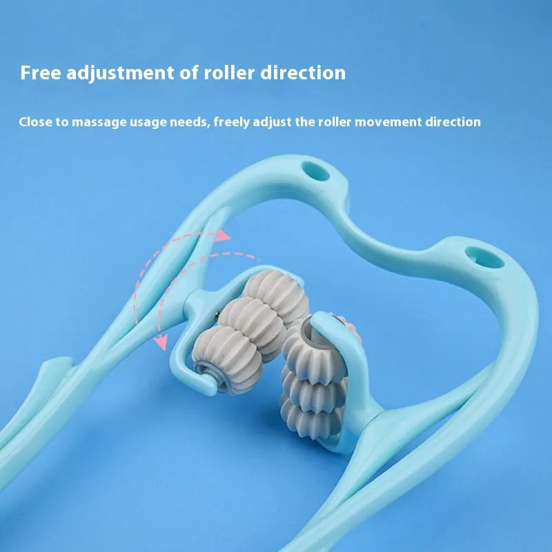 Blue handheld plastic massager with six white rotating wheels for deep tissue massage.
