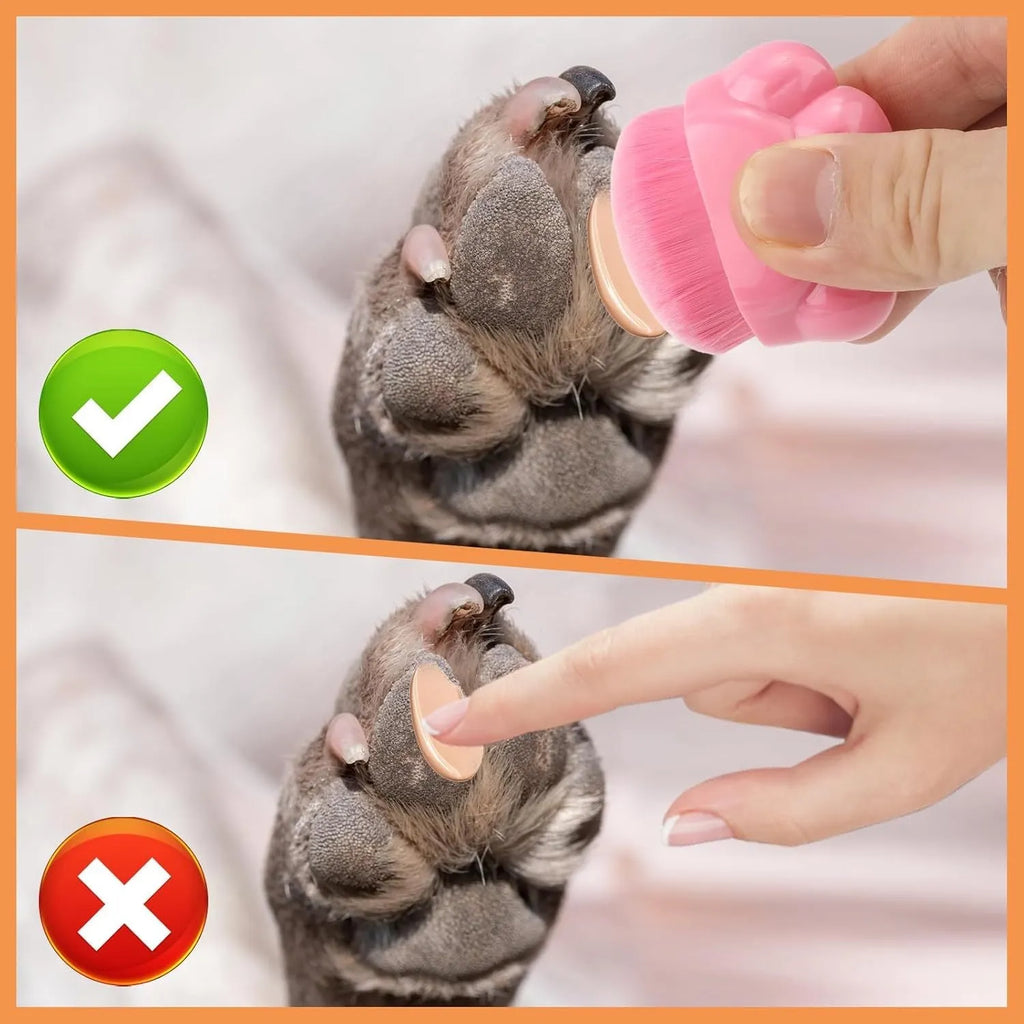 Three paw-shaped pet balm brushes with soft fibre heads in plastic storage boxes