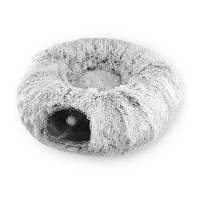 Plush cat bed with tunnel in donut shape, removable cushion, non-slip base for indoor cats