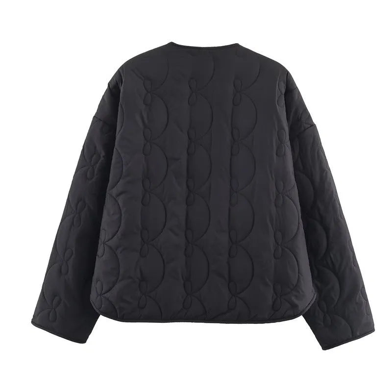 Women's bow quilted coat in polyester, straight cut, medium thickness, black colour, regular sleeves
