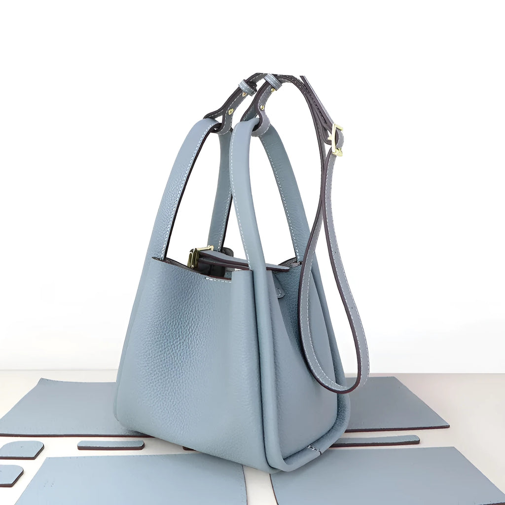 Cow leather hand sewing bag kit, 22cm wide crossbody bag with car suture detail in Blue, Caramel, or Khaki.