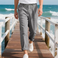 Men's linen casual trousers in army green colour with drawstring waist and straight-leg cut