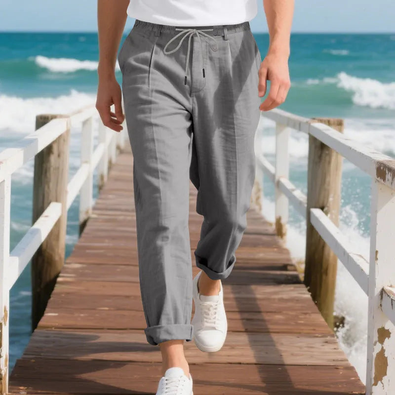 Men's linen casual trousers in army green colour with drawstring waist and straight-leg cut