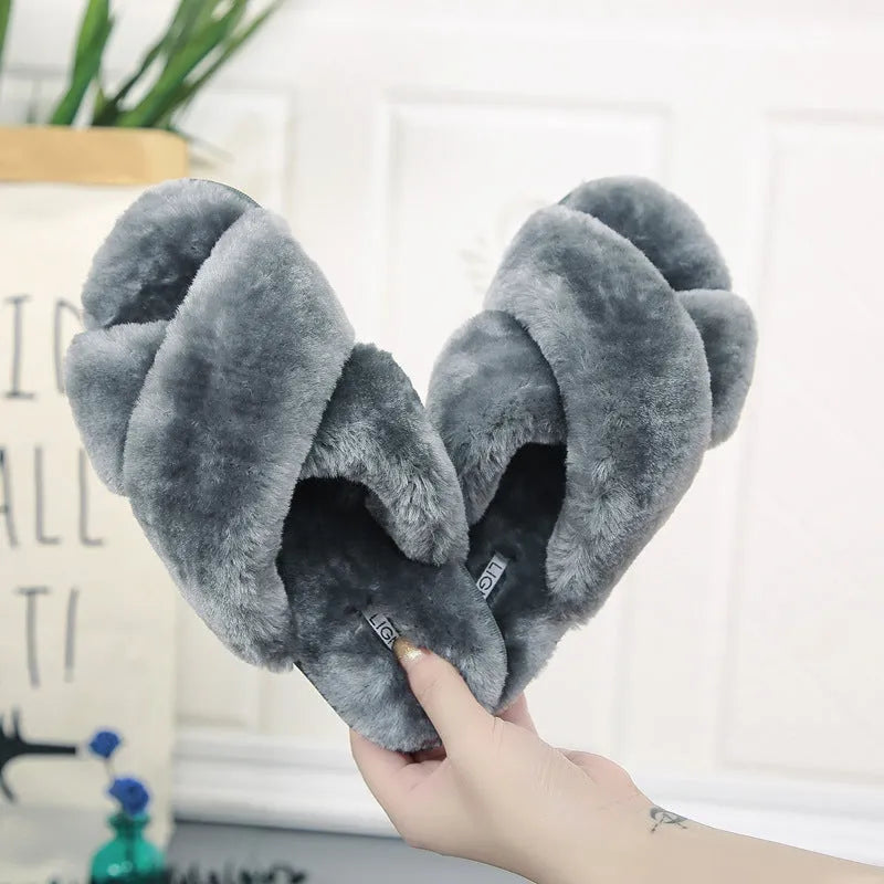 Women's cross open-toe fur slippers in multiple colours on a patterned non-slip rubber sole.