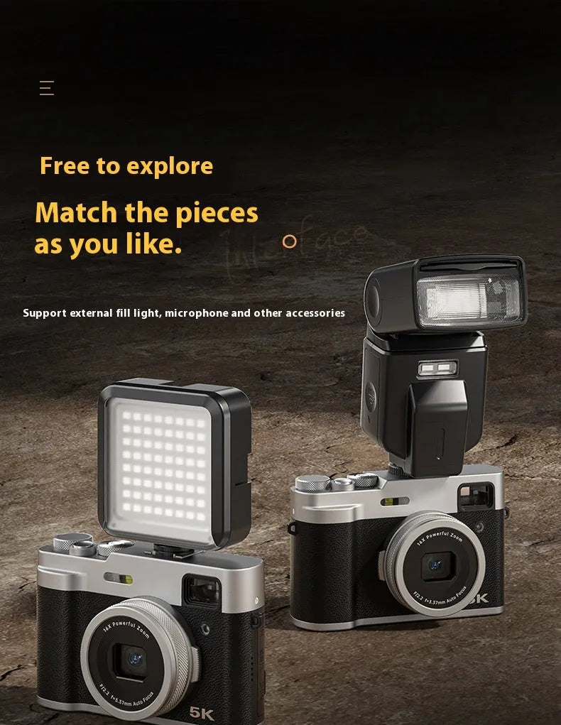 Black 5K digital camera with dual lenses and a 2.88-inch screen, shown with optical viewfinder.