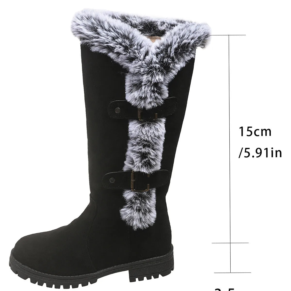 Women's thick velvet snow boots with rabbit fur lining, suede upper, belt buckle, and waterproof platform sole in black