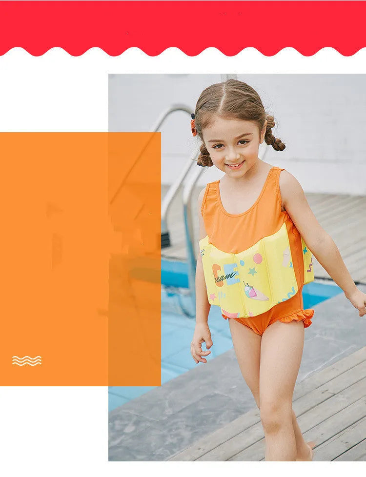 Yellow graffiti children's buoyancy one-piece swimsuit with built-in life jacket and anti-rollover design