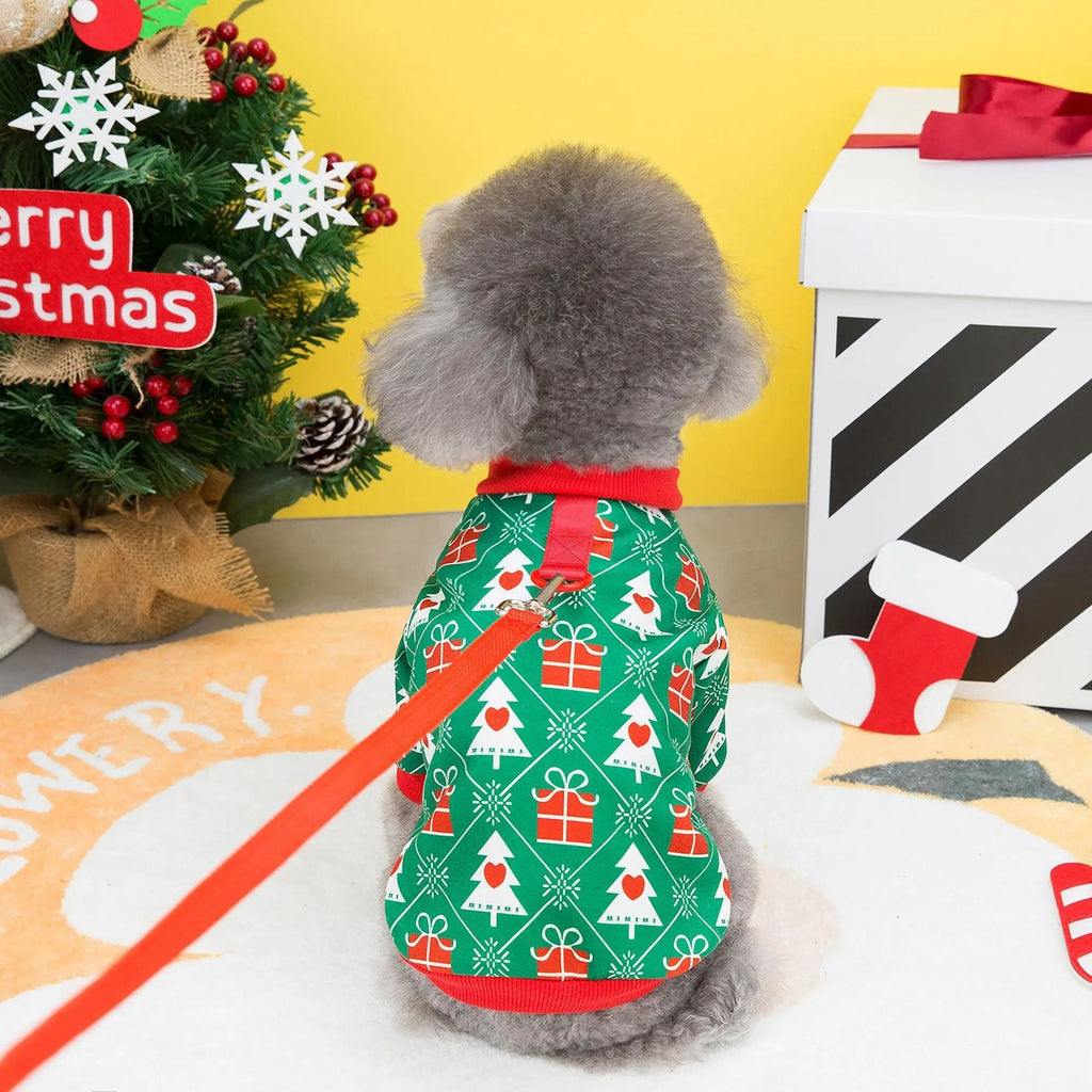 Green and red polyester pet Christmas tree sweater hoodie in sizes S to XXL for dogs and cats