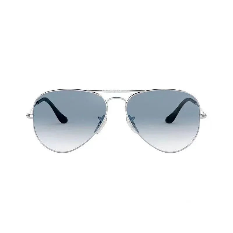 Tempered glass sunglasses with UV protection in gold, silver, and black frame options with dark green and blue lenses.