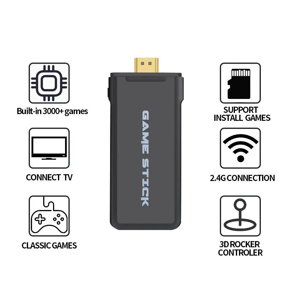 Y2HDMAX 2.4G wireless game console with two controllers and built-in TF card showing game selection screen