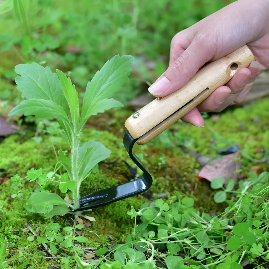 Carbon steel garden weeding and seedling rooting device 20 cm length on soil background