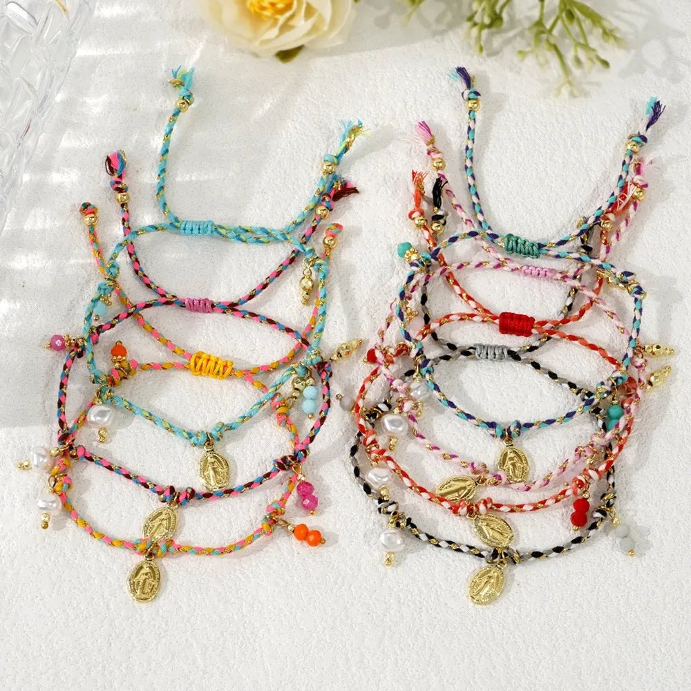 Hand-woven colourful braided rope ethnic style bracelet for women showing woven pattern