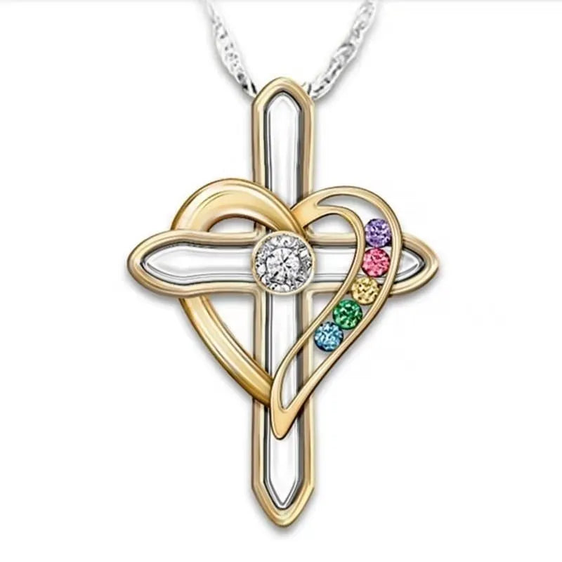 Men's cross love alloy pendant necklace with colourful imitation gemstone on adjustable chain