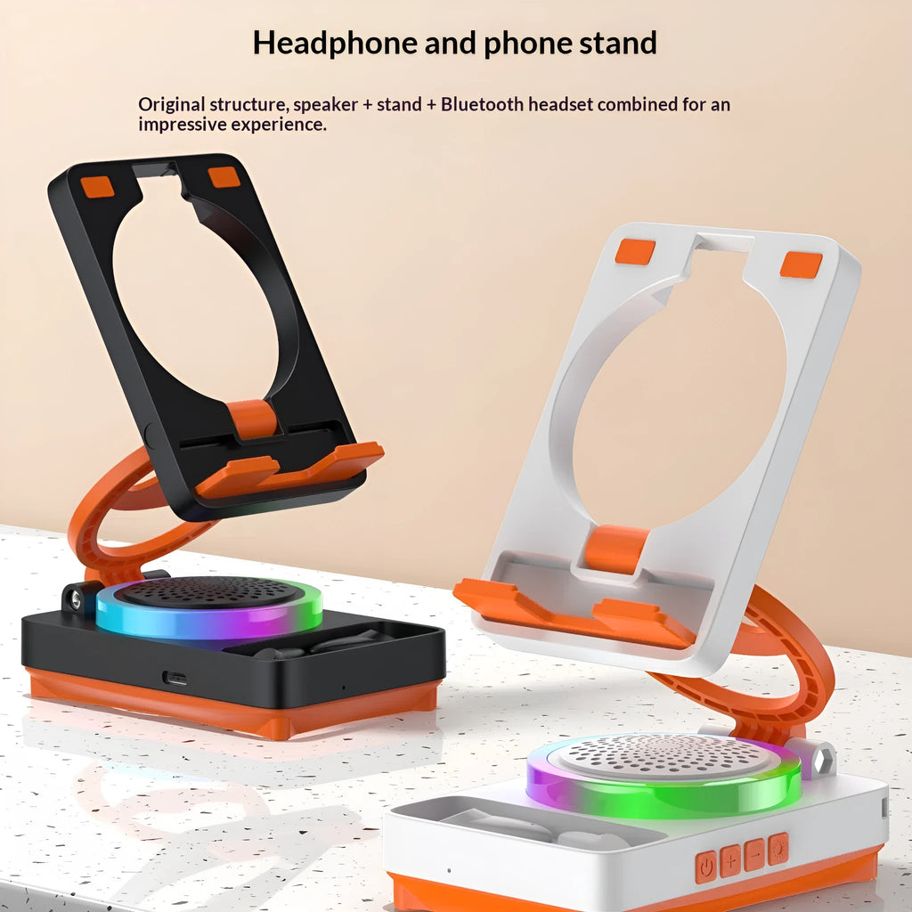 TF27BOX multifunctional mobile phone holder in black with built-in speaker on desk