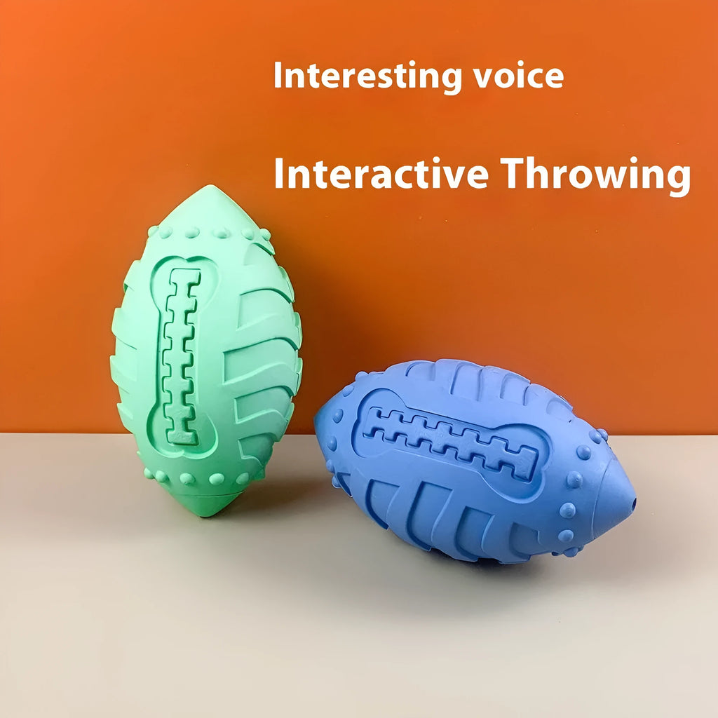 Light green rubber rugby ball dog toy with interactive vocal features for teeth cleaning play