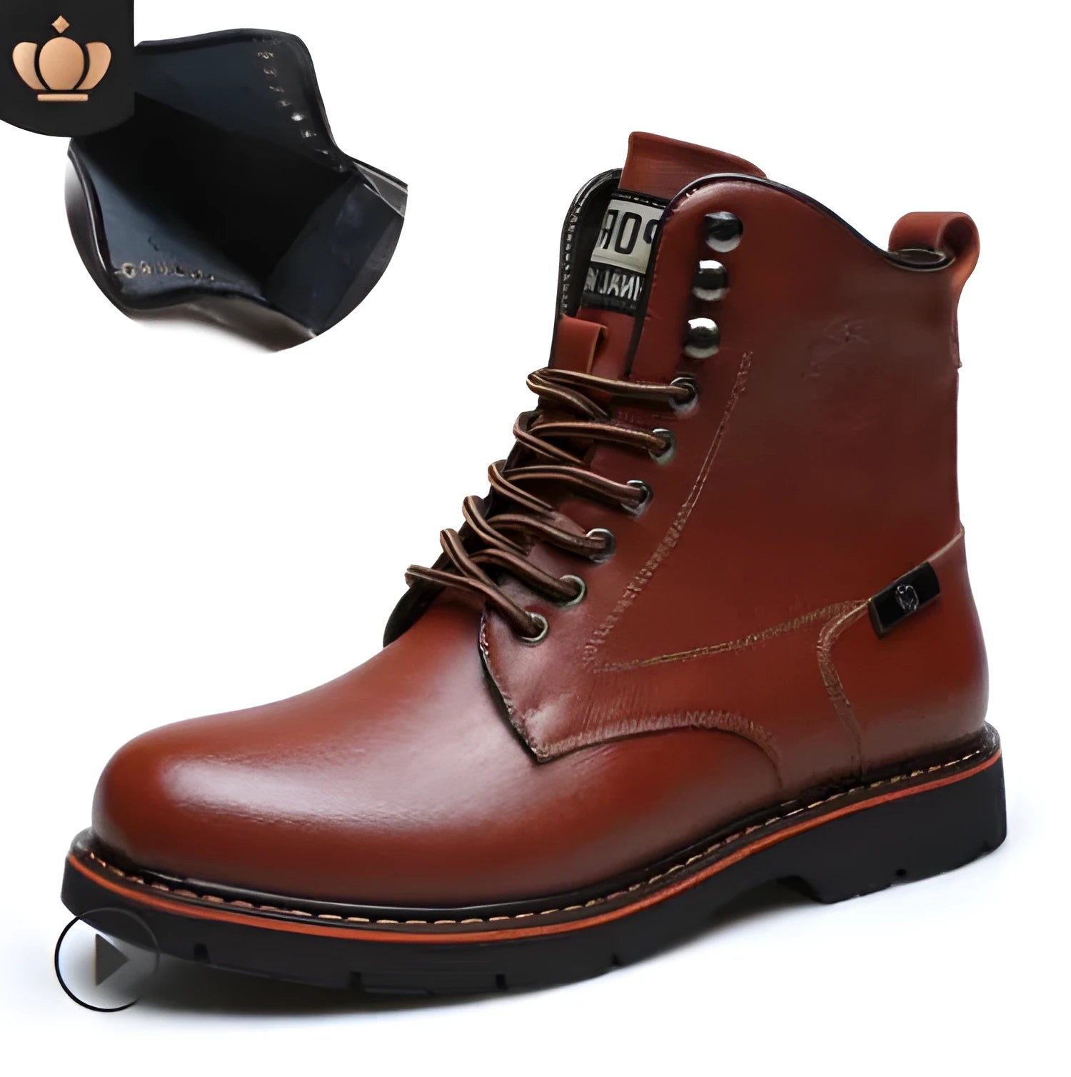 Men's brown embossed leather Martin boots with mid-top cut, round toe, thick heel, and front strap on a wooden floor