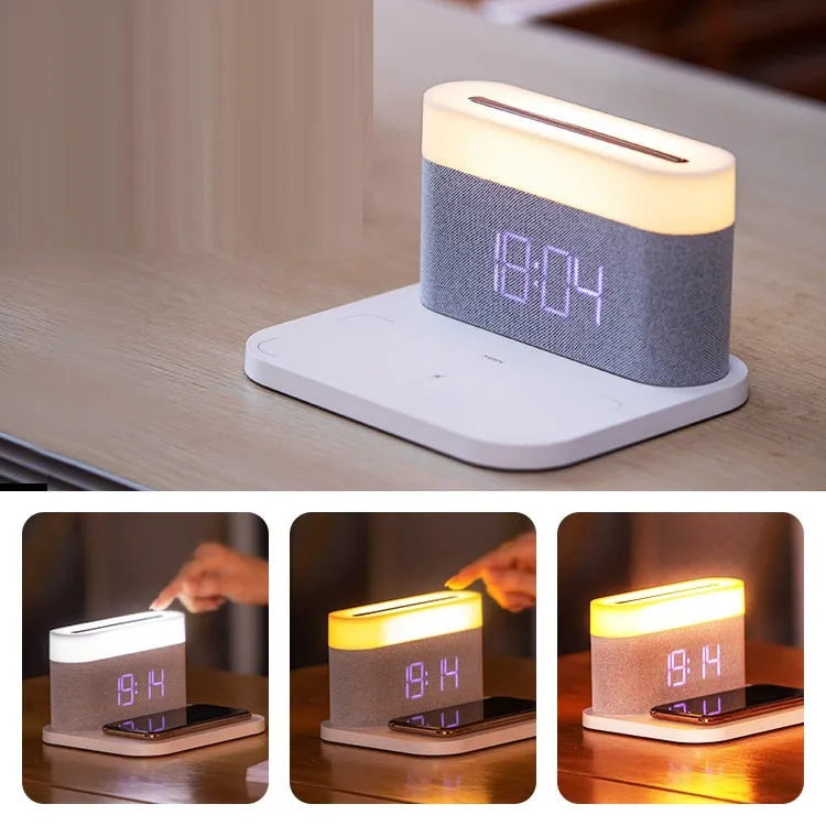 White wireless charging bedside lamp with digital alarm clock display on nightstand