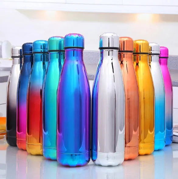 500ml stainless steel vacuum flask with double wall insulation and Coke bottle shape, shown as a thermal water bottle for hot and cold drinks.