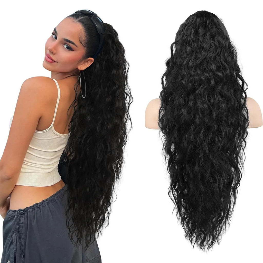 Long, fluffy curly synthetic ponytail wig in a high temperature fibre, shown in a 30-inch length.