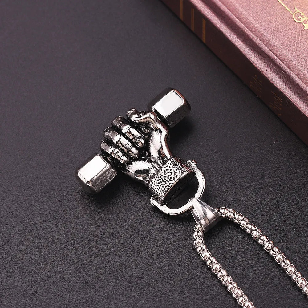 Silver gym dumbbell pendant on snake bone chain necklace unisex alloy electroplated finish