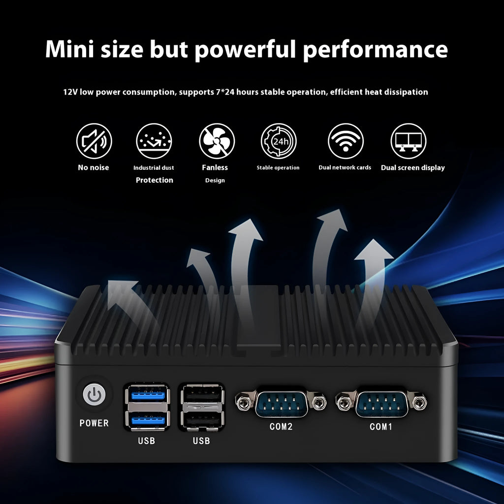 Industrial fanless mini-host computer with compact aluminium chassis measuring 13.6x12.7x4cm