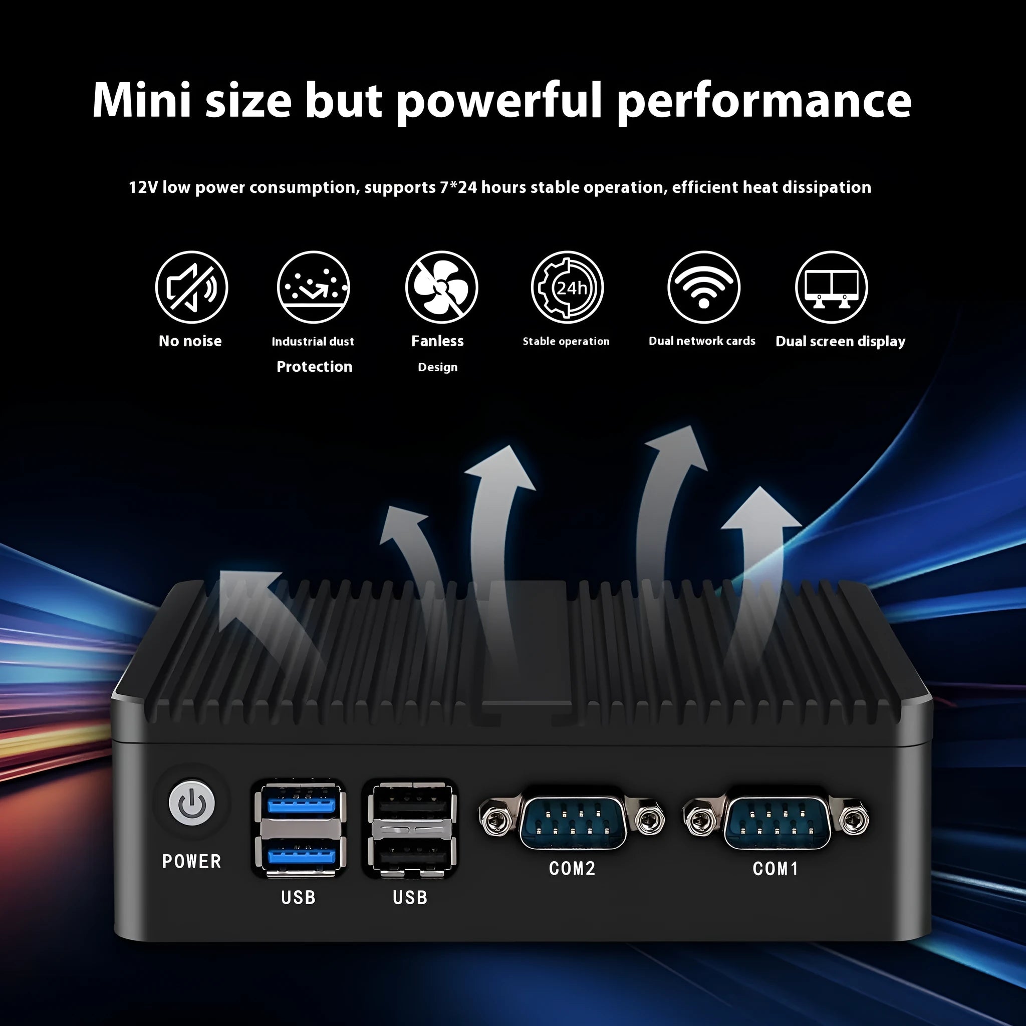 Industrial fanless mini-host computer with compact aluminium chassis measuring 13.6x12.7x4cm
