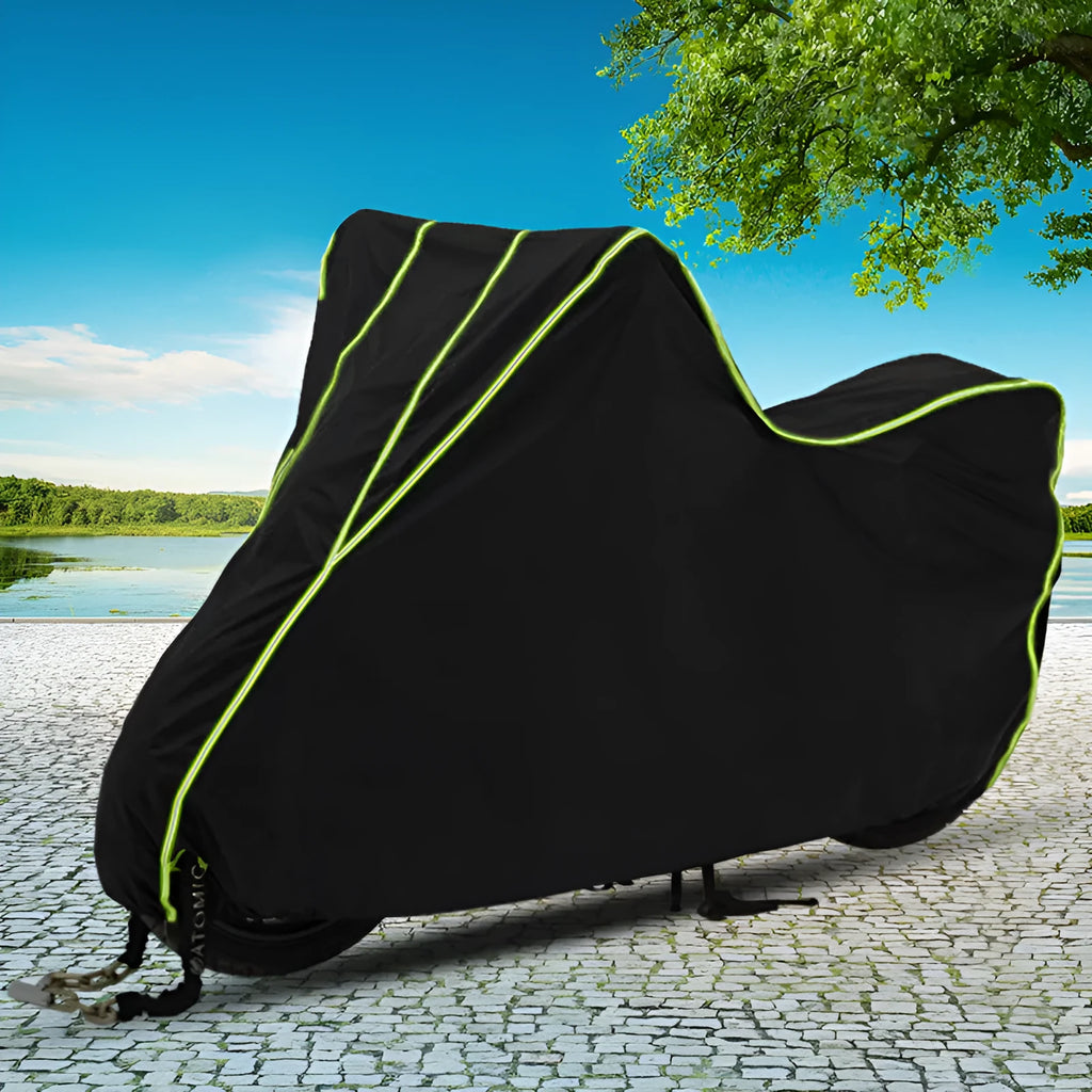 Thick motorcycle cover in Black Red, nylon and PVC coating, outdoor storage protection, available in five sizes from S to XXL