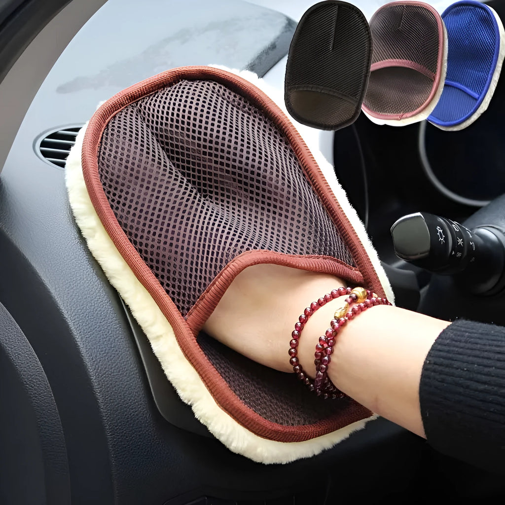 Artificial wool car wash cleaning glove 24cm x 15cm with elastic cuff, shown in black colour option