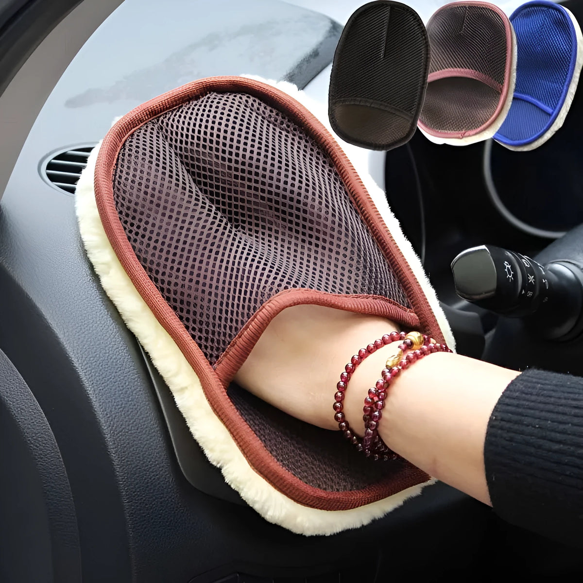 Artificial wool car wash cleaning glove 24cm x 15cm with elastic cuff, shown in black colour option