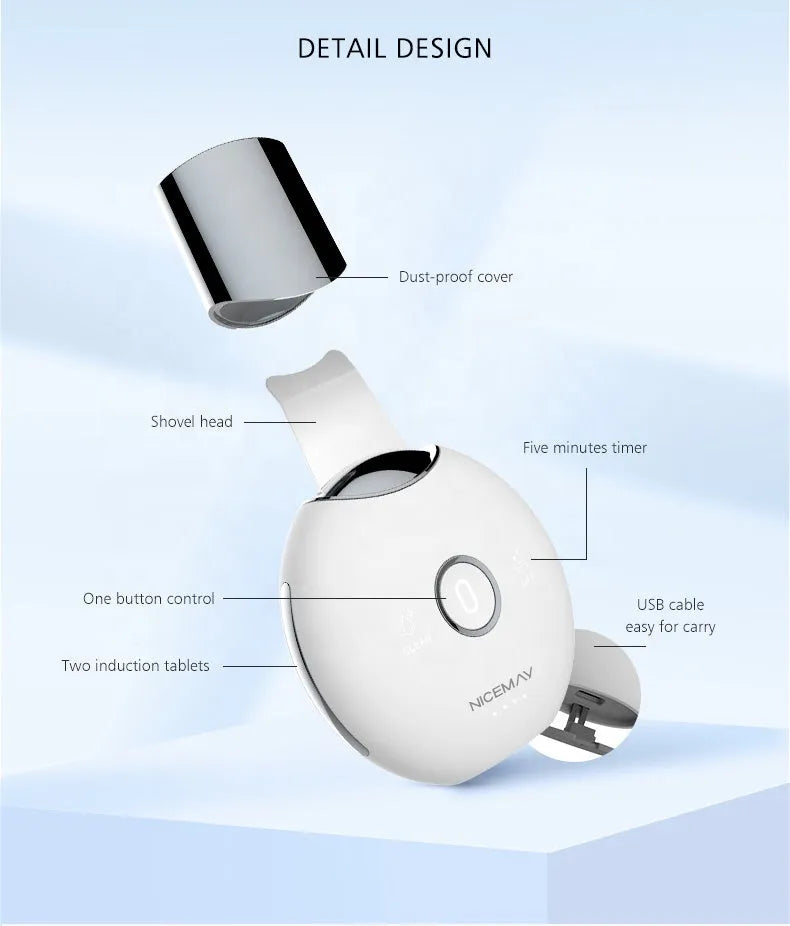 White ABS plastic palm sonic cleansing apparatus for blackhead and dead skin removal, model BJ-1809