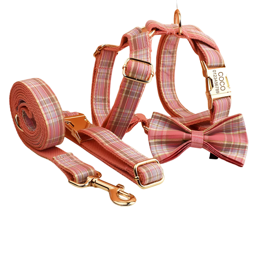 Plaid dog collar and matching leash set with decorative bow and vest for special occasions