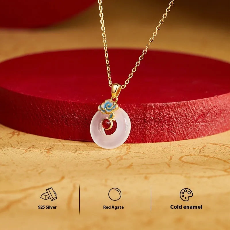 925 silver cold enamel red agate white chalcedony safety buckle pendant clavicle chain necklace on white background