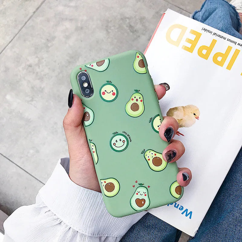 Avocado cartoon design on a green TPU back cover phone case for smartphones.