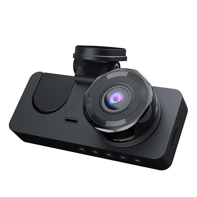 Black touch-screen car dashcam for 1080P front and rear recording with 170 degree wide angle lens