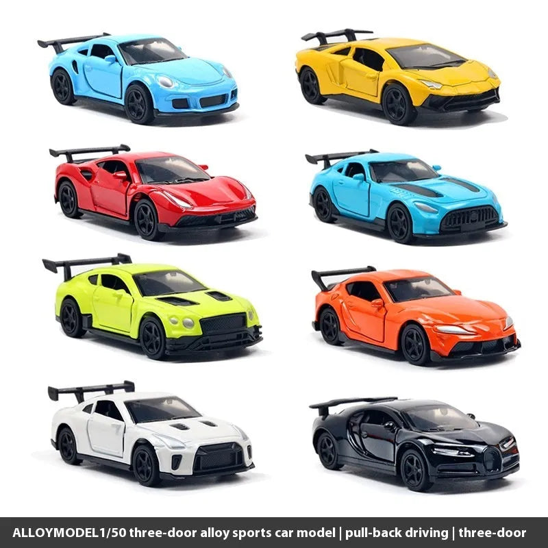 1:50 scale alloy sports car model toy in a random colour, bagged mini car for display